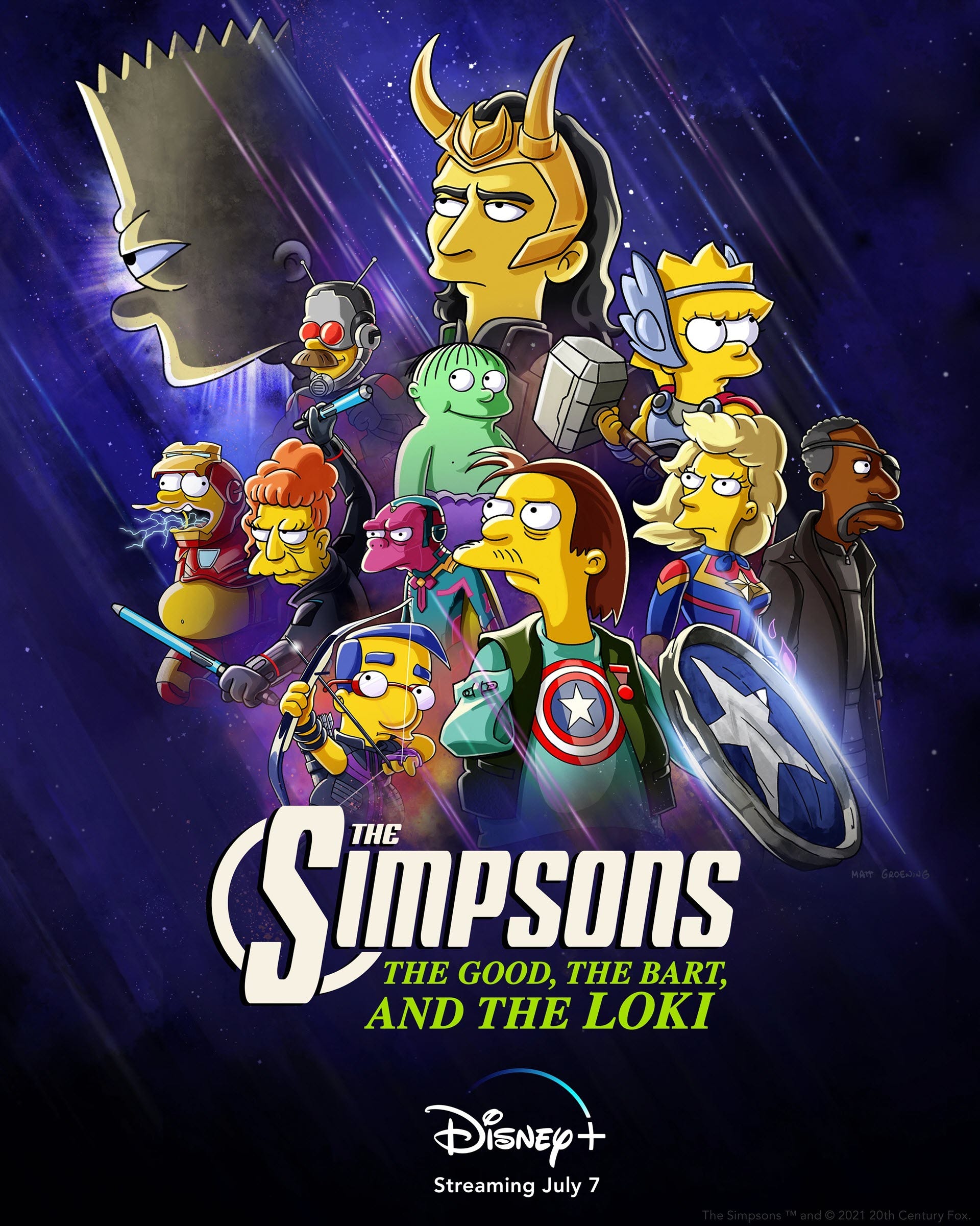 Loki được bao quanh bởi các nhân vật trong'The Simpsons'mặc trang phục như Avengers.