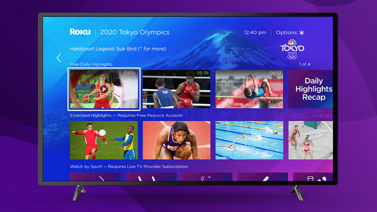 TV hiển thị giao diện Roku với các trò chơi Olympic