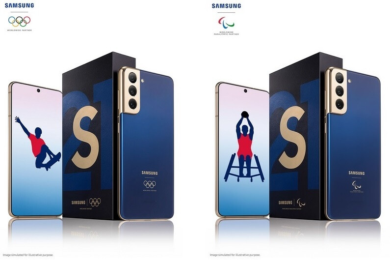 Ở bên trái, phiên bản giới hạn dành cho Olympic Galaxy S21 5G với mô hình Paralympic ở bên phải-Samsung rò rỉ hình ảnh của Galaxy Z Fold 3 trong Trung tâm truyền thông ảo cho Thế vận hội Tokyo