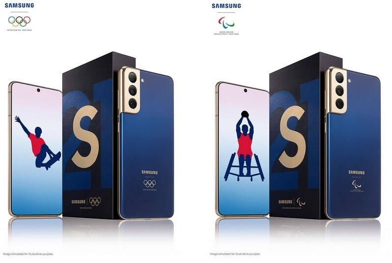 Ở bên trái, phiên bản giới hạn dành cho Olympic Galaxy S21 5G với mô hình Paralympic ở bên phải-Samsung tặng miễn phí phiên bản giới hạn của Galaxy S21 5G cho những người tham gia Olympic và Paralympic