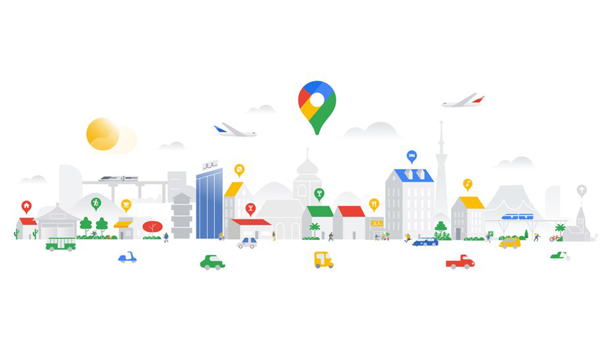 Hình ảnh của Google có một thành phố với các tòa nhà, ô tô và cây cối