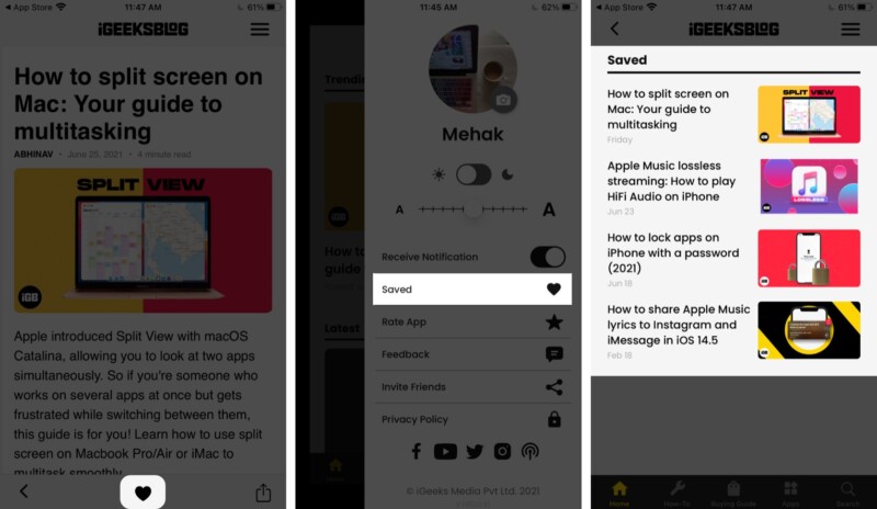 Lưu và chia sẻ bài viết trong ứng dụng iGeeksBlog iPhone