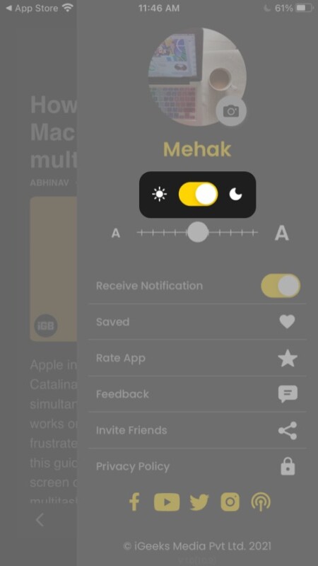 Chế độ tối trong iGeeksBlog Ứng dụng iOS
