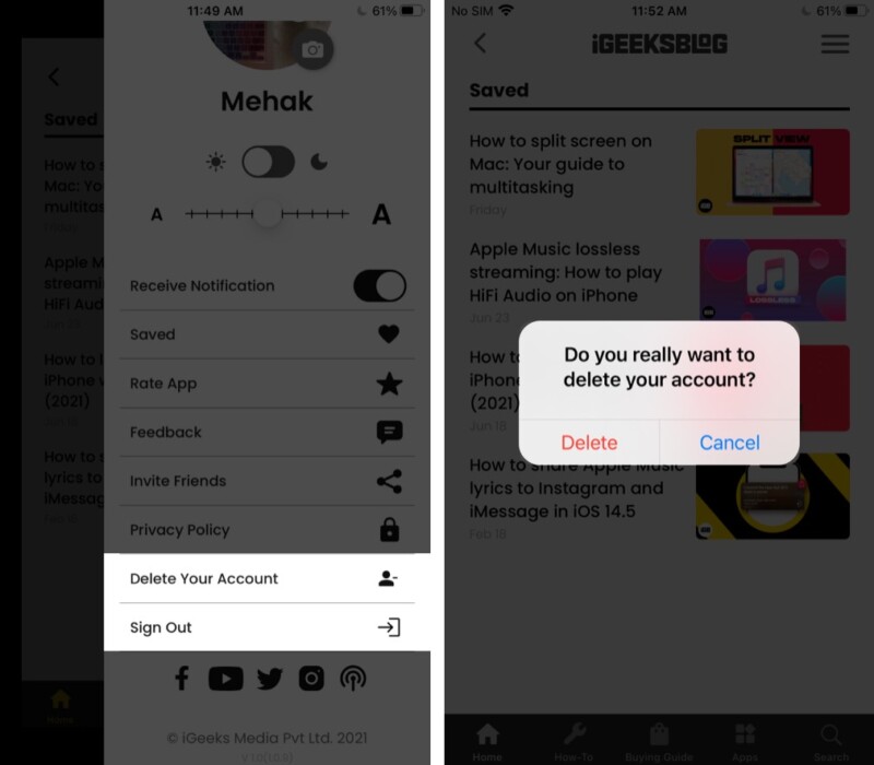 Đăng xuất hoặc xóa tài khoản của bạn từ ứng dụng iGeeksBlog iOS
