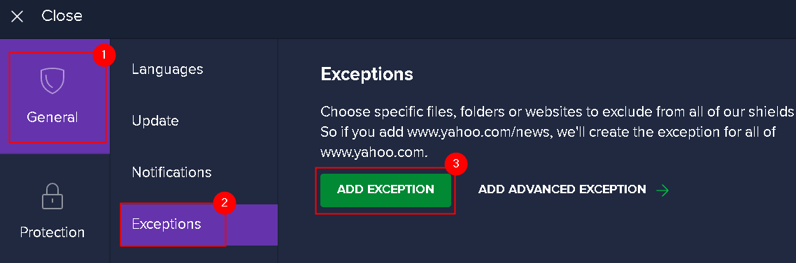 Avast Chung Thêm Ngoại lệ Tối thiểu