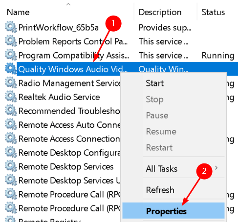 Thuộc tính Dịch vụ Windows Audio Video Experience Min