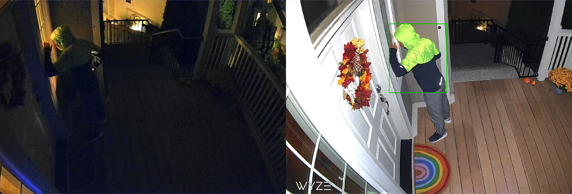 Hình ảnh một người đàn ông gõ cửa vào ban đêm với Wyze Cam Spotlight được bật và tắt.
