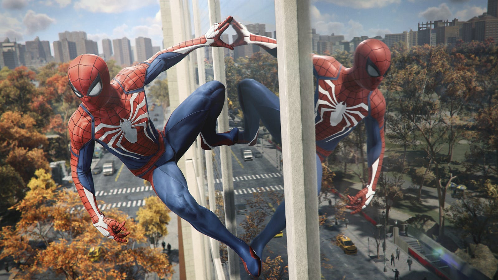 Người nhện treo trên tường kính trong'Marvel's Spider-Man Remastered'