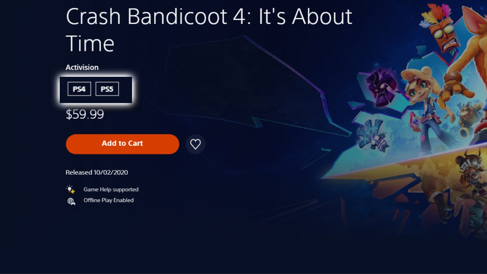 PlayStation 5'Crash Bandicoot 4: It's About Time'trang cửa hàng với phần nền tảng được đánh dấu