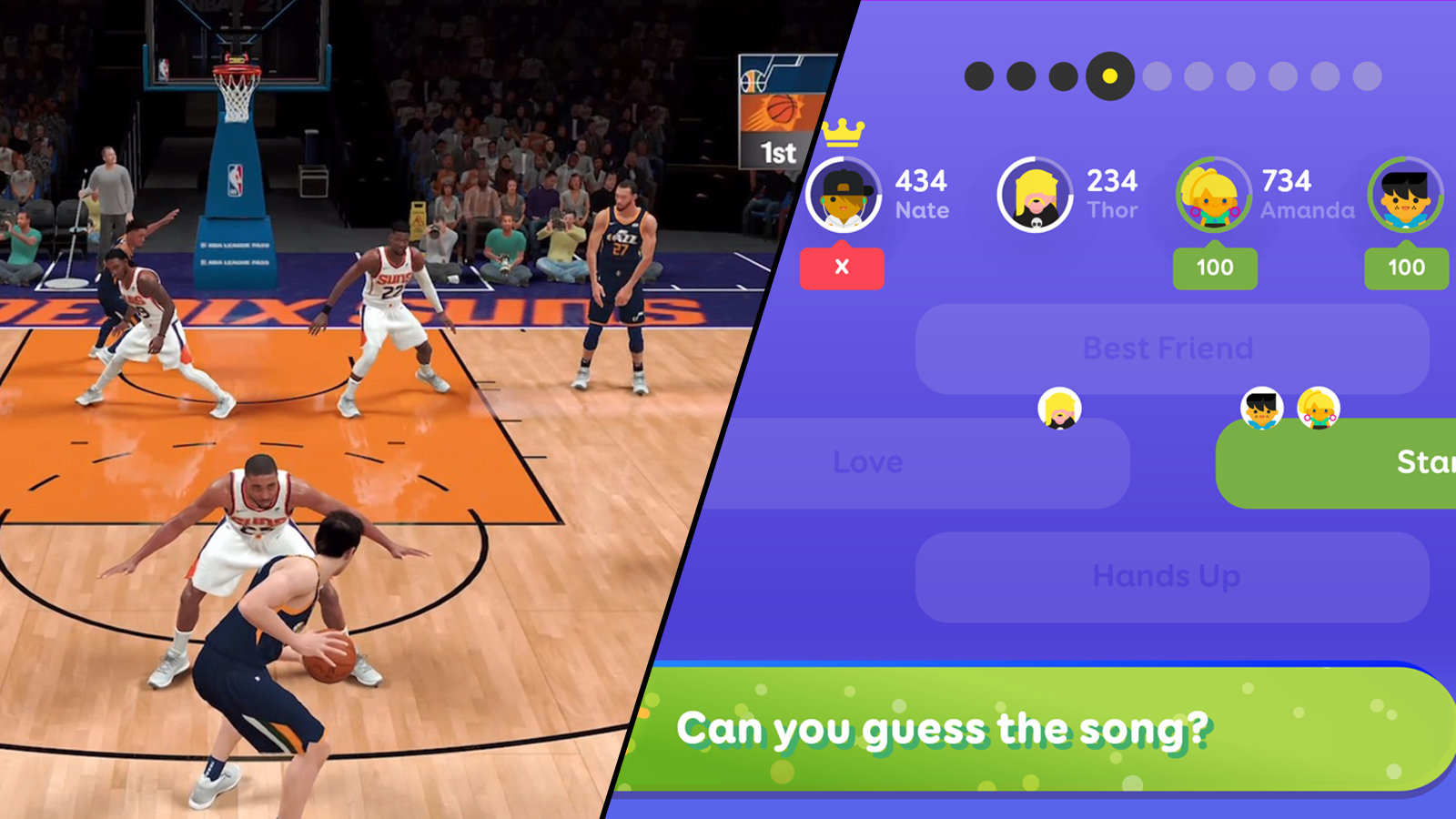 Chế độ xem trên màn hình của trận đấu bóng rổ ở NBA 2K21 và câu hỏi về âm nhạc trong Bữa tiệc SongPop
