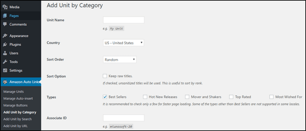 Painel do WordPress com Amazon Plug-in de links automáticos