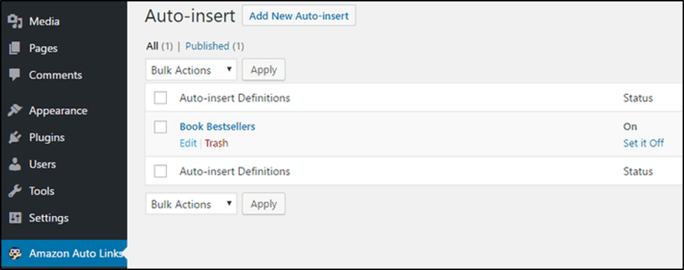Instruções de inserção automática para conectando Amazon Auto Links com WordPress
