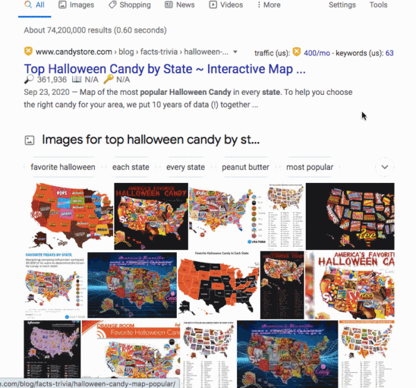 Uma imagem que mostra os resultados de uma pesquisa no Google dos principais doces de Halloween por estado.