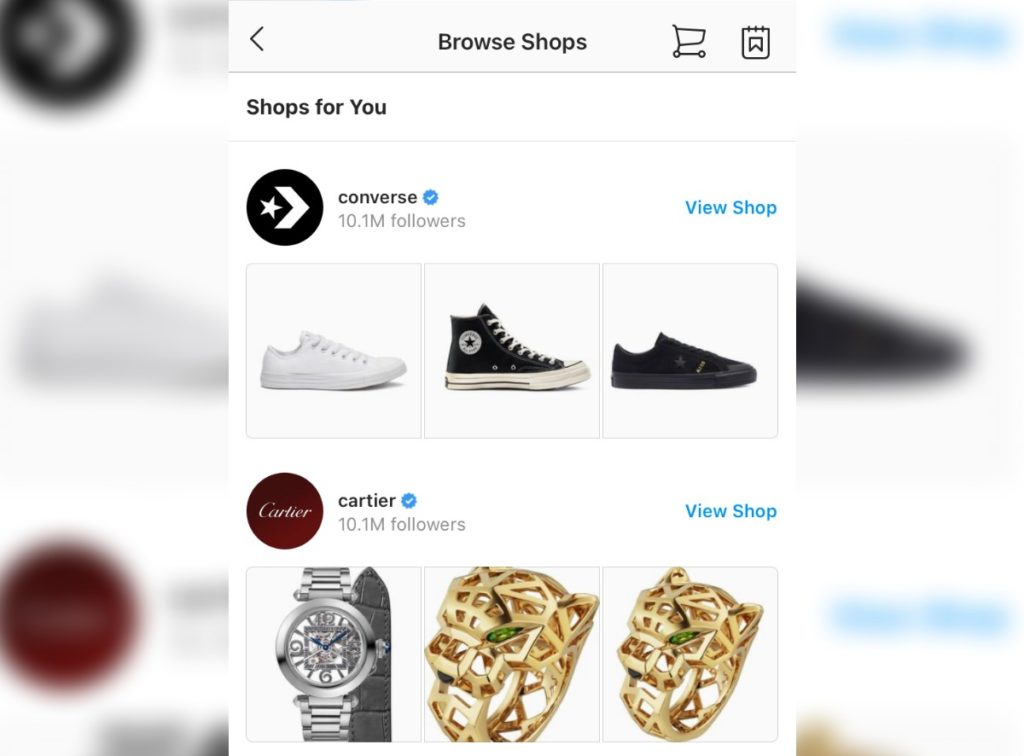 Feeds e lojas que podem ser comprados no Instagram.