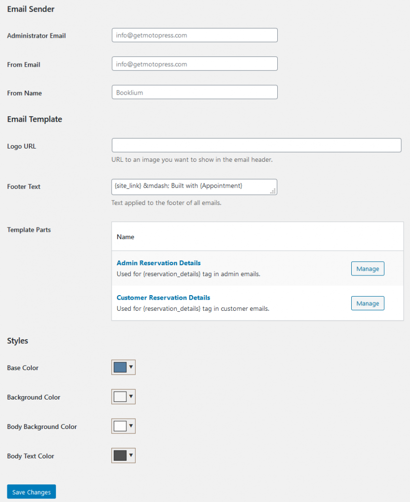 configurações de e-mail