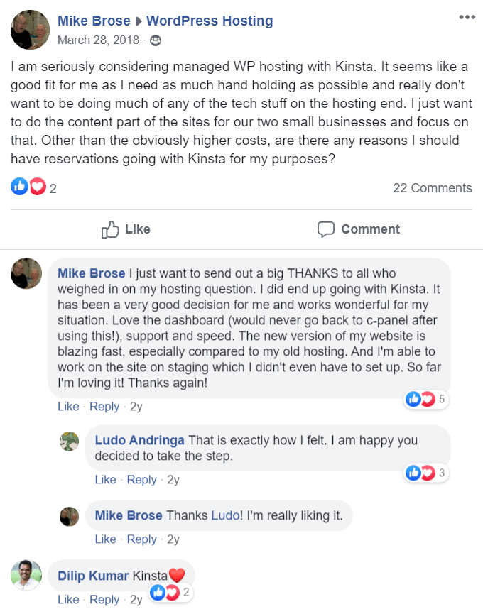 Feedback do Kinsta Hosting