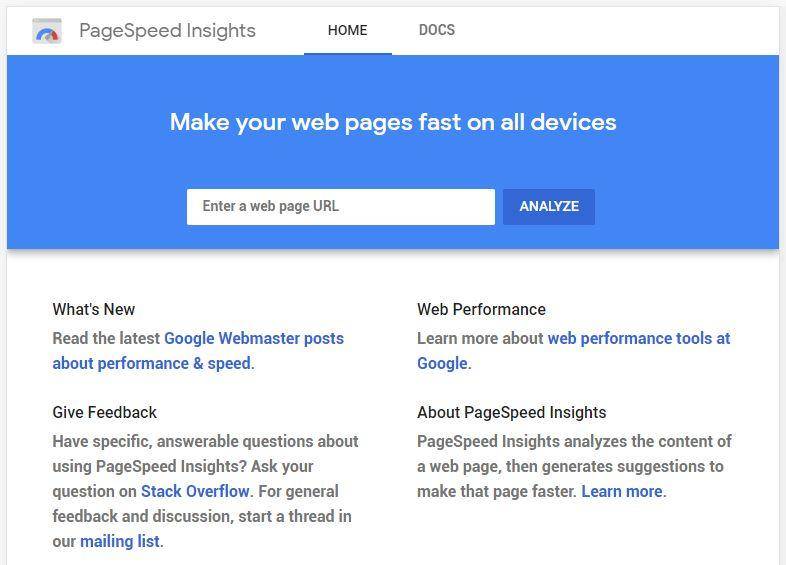 Página inicial do PageSpeed ​​Insights