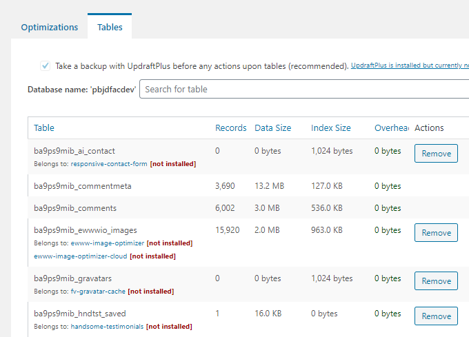 WP Optimize Tables