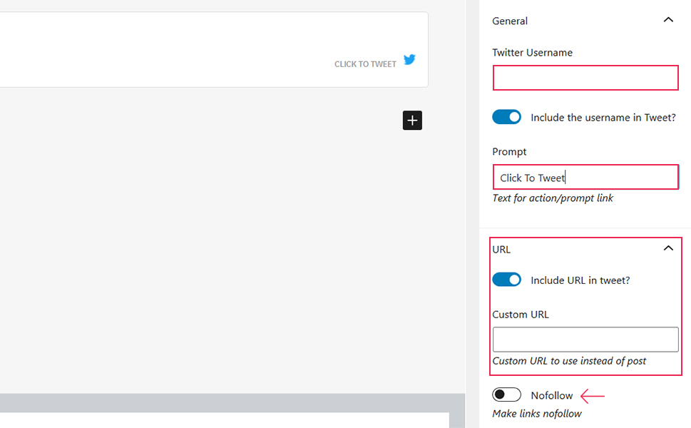 Better Click to Tweet Configurações de Gutenberg