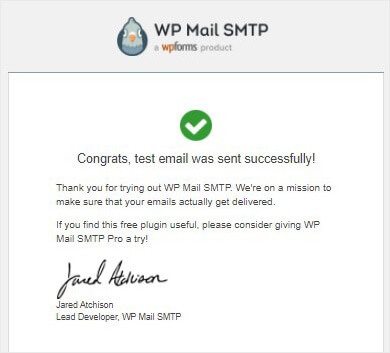 Email de teste SMTP do WordPress bem-sucedido