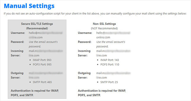 Configurações manuais de SMTP no host