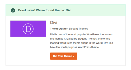 O WordPress Theme Detector em ação, detectando o Divi theme