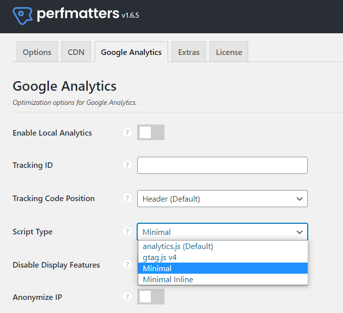 Perfmatters Google Analytics Script Type