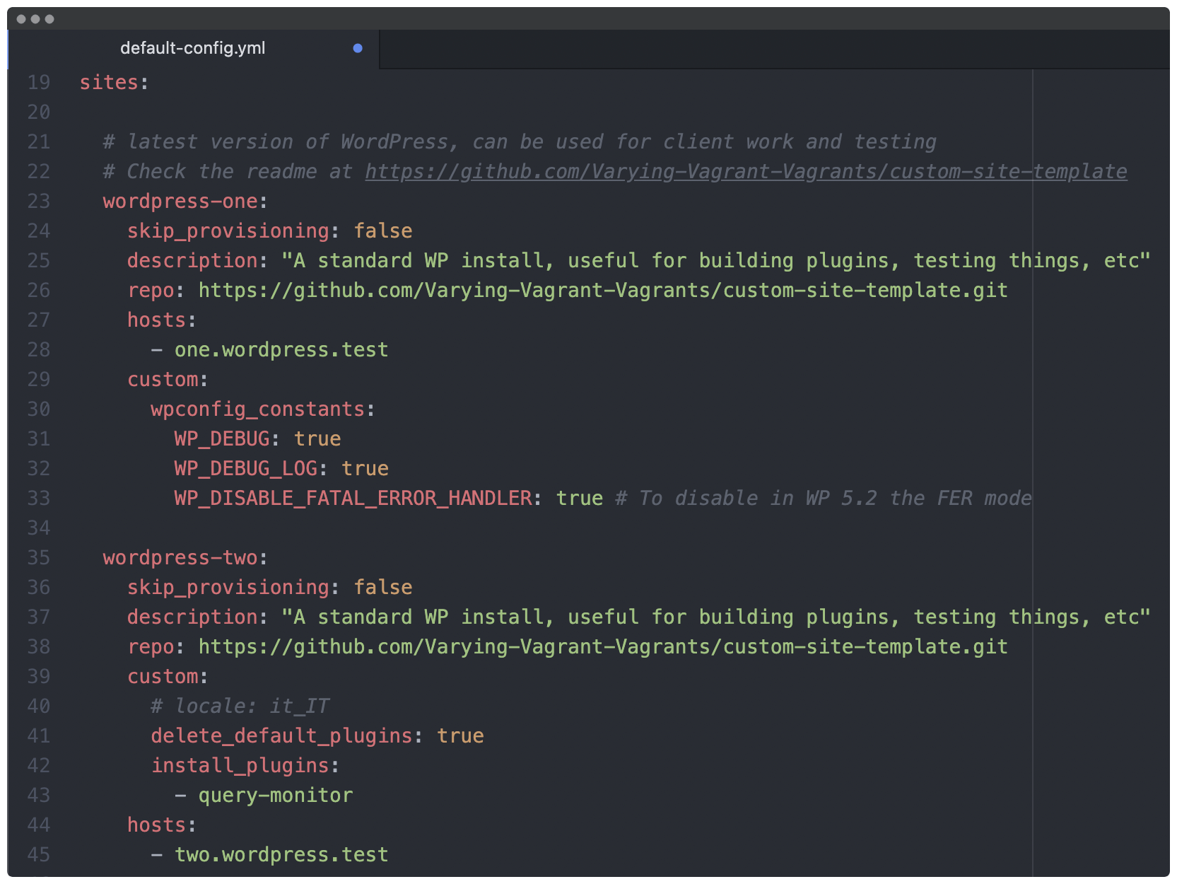 O arquivo config.yml mostrando a lista de sites VVVs.