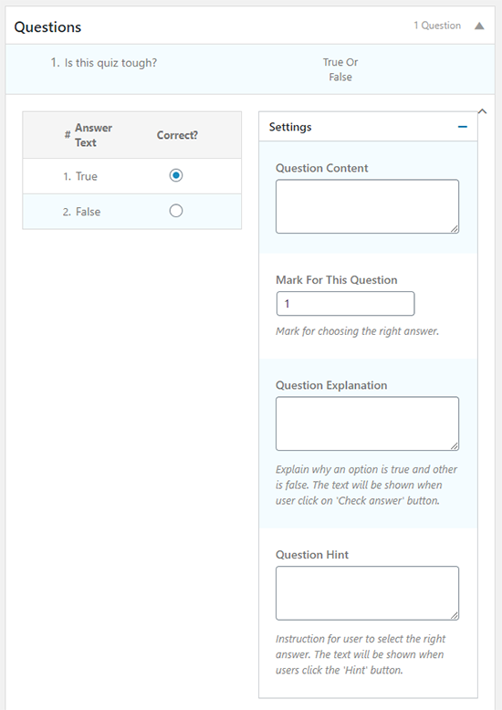 Configure perguntas e respostas do questionário em LearnPress