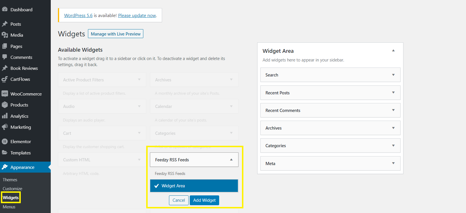 Ativando o widget Feedzy no WordPress.