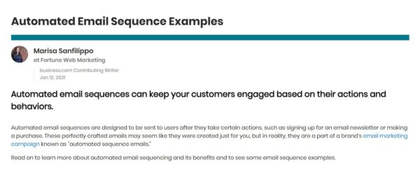 An image showing an email on automated email sequence examples from Business.com.