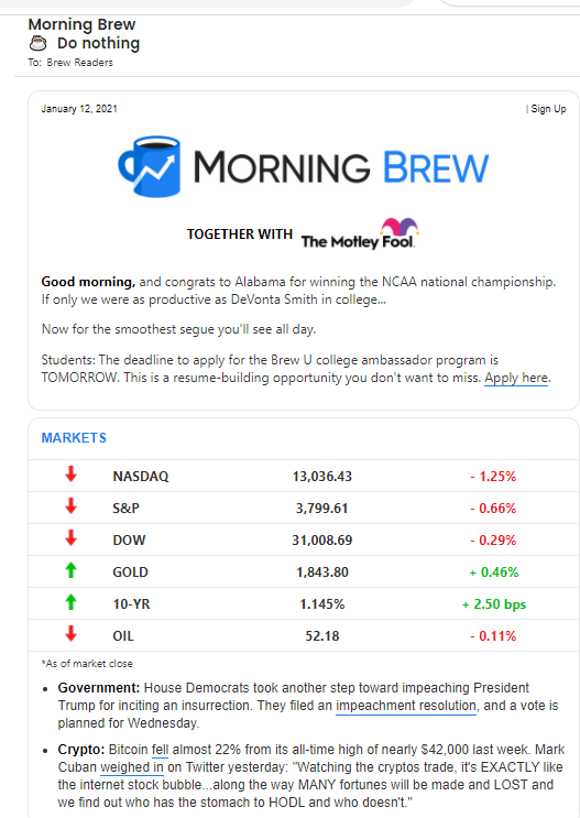 Uma imagem que mostra o boletim eletrônico The Morning Brew de 12 de janeiro de 2021.