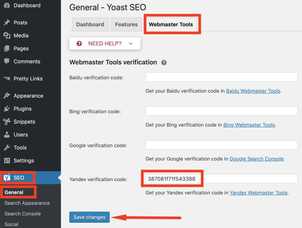 Código de verificação Yandex em Yoast