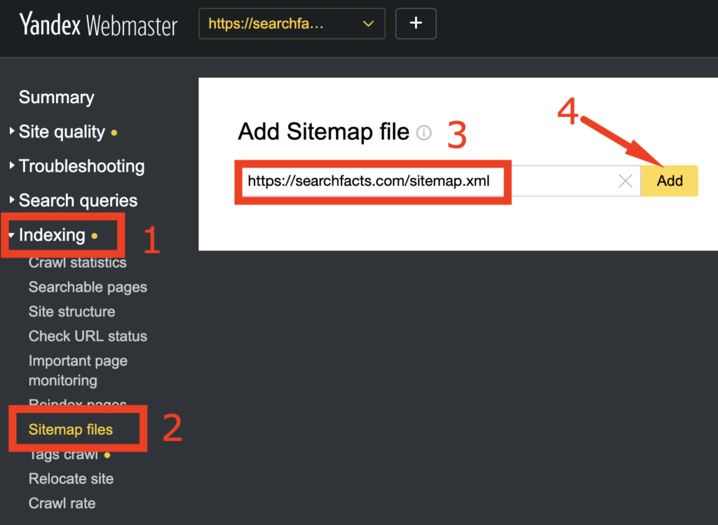 Adicionar um mapa do site às ferramentas do webmaster do Yandex