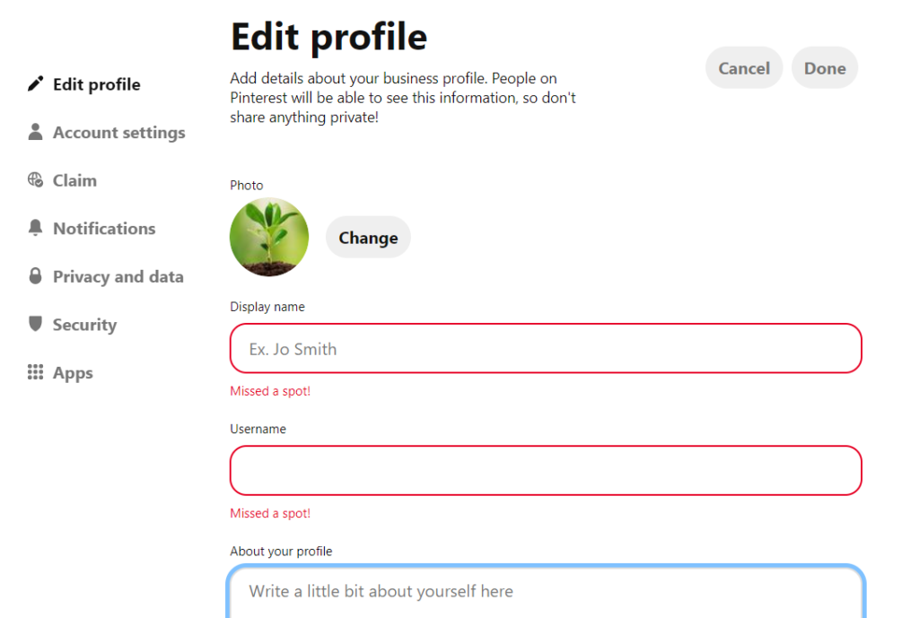 Edite o perfil da sua empresa no Pinterest para SEO