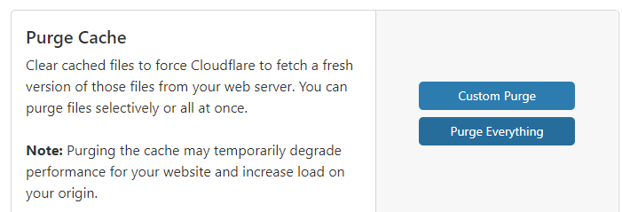 Botão Limpar tudo na configuração de cache do Cloudflare.