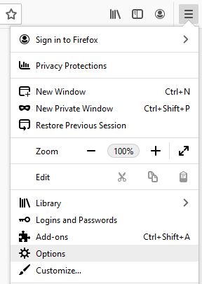 Menu, Opções no navegador Firefox