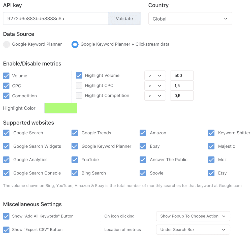 Configurações de palavras-chave em todos os lugares