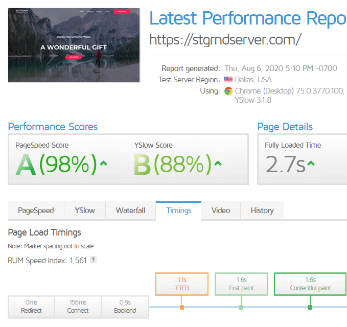 SiteGround TTFB GTmetrix