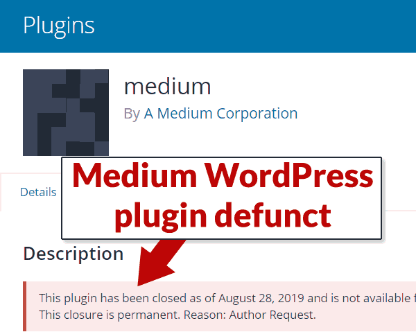 Captura de tela da página do plugin do WordPress do Medium.com