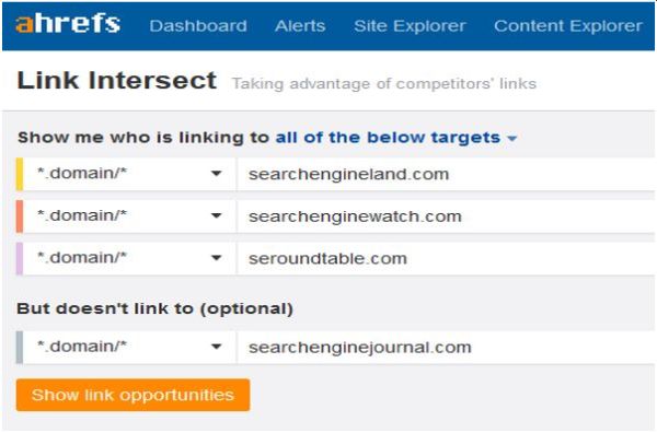 Usando a ferramenta Ahrefs Link Intersect na análise de concorrentes de SEO.
