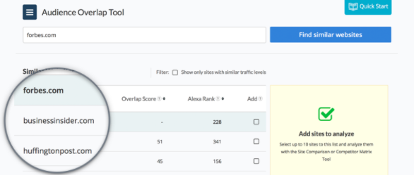 Use a ferramenta Alexa Audience Overlap Tool para encontrar influenciadores.