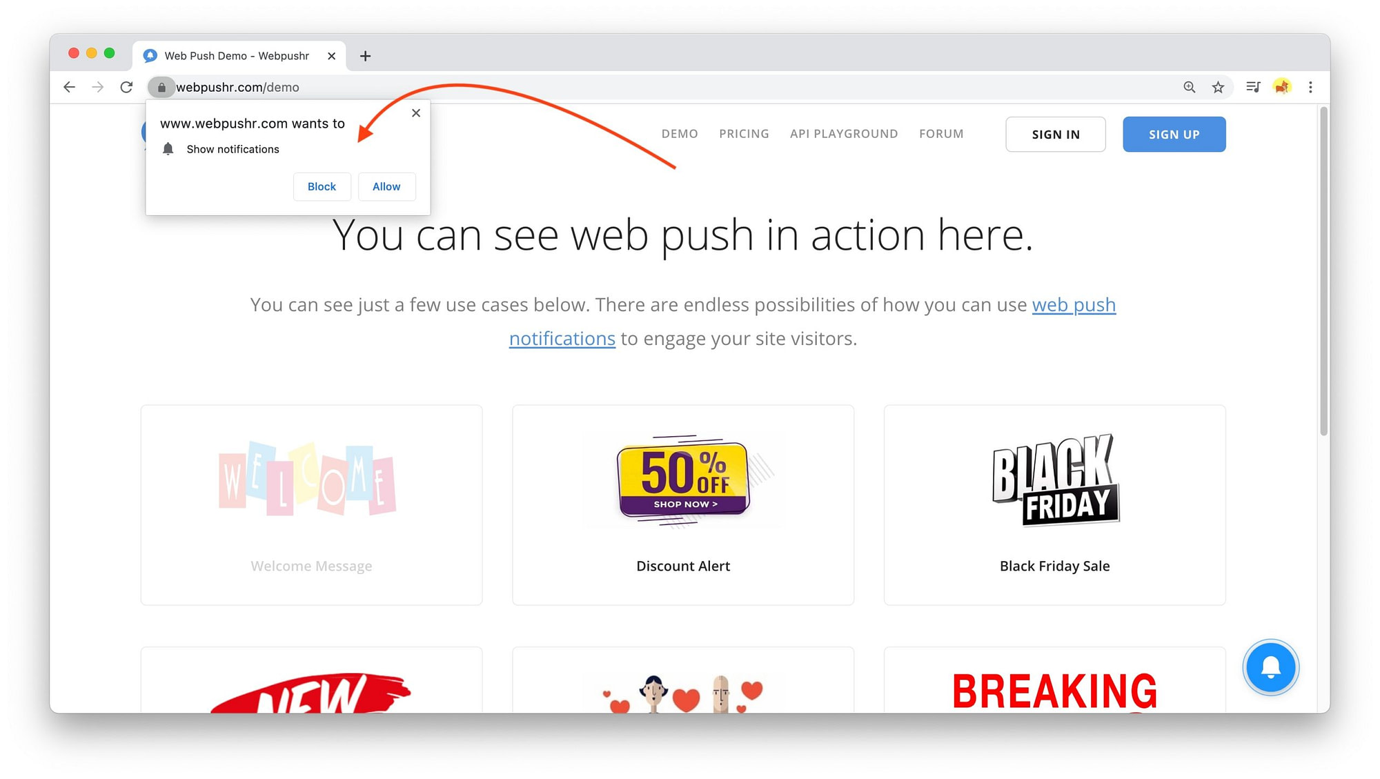 exemplo de ativação para notificações push da web