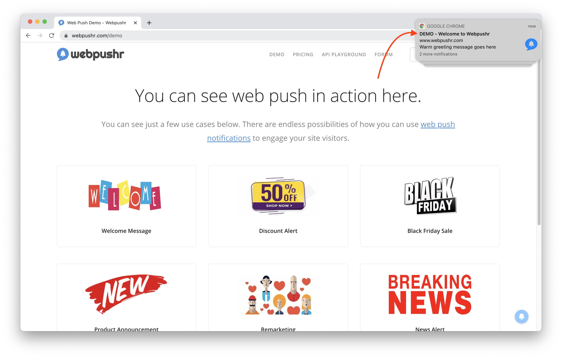 exemplo de notificações push da web