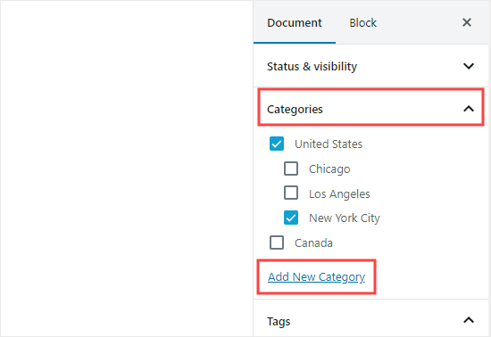 Adicionando uma nova categoria nas configurações do documento de uma postagem