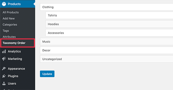 Reordenar produto categorias em WooCommerce