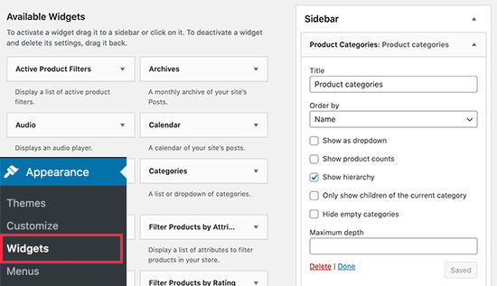 Widget de categorias de produtos