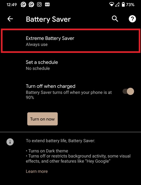 Ativar Extreme Battery Saver em smartphones Pixel