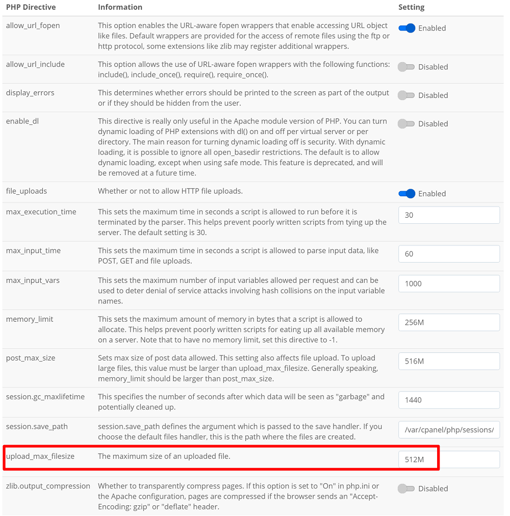 Alterando a diretiva upload_max_filesize