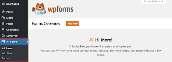 Menu de instalação do plug-in WPForms